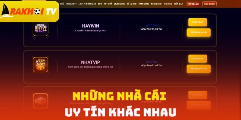 Những nhà cái uy tín khác nhau